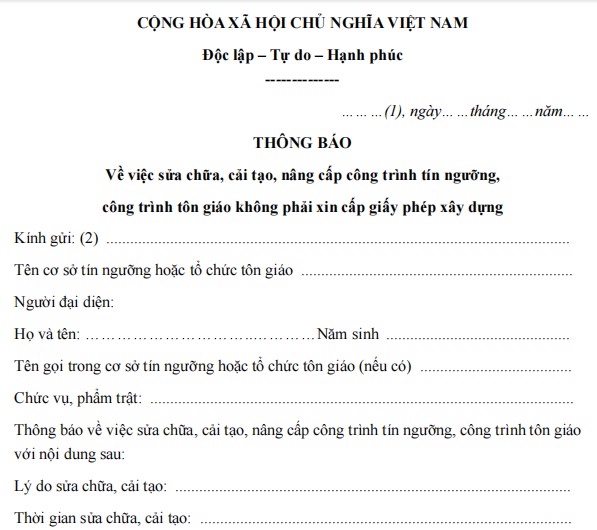 Mẫu thông báo về việc sửa chữa công trình tín ngưỡng tôn giáo không phải xin giấy phép xây dựng