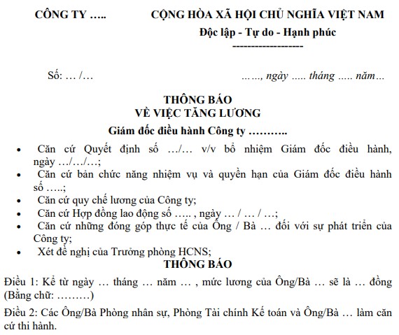 Mẫu thông báo về việc tăng lương