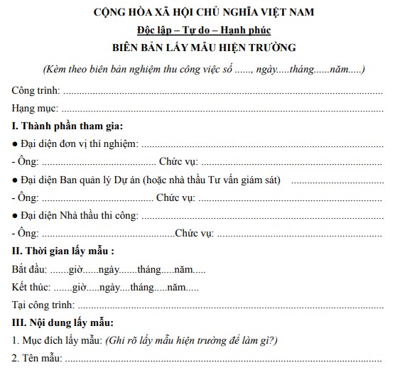 Mẫu biên bản lấy mẫu hiện trường