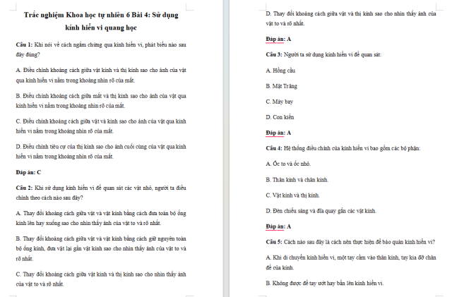 Trắc nghiệm Khoa học tự nhiên 6 Bài 4