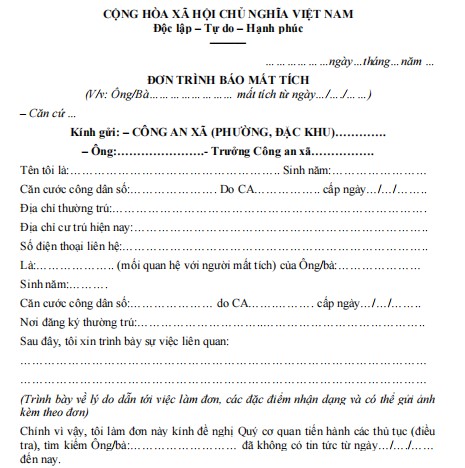 Mẫu đơn trình báo người mất tích