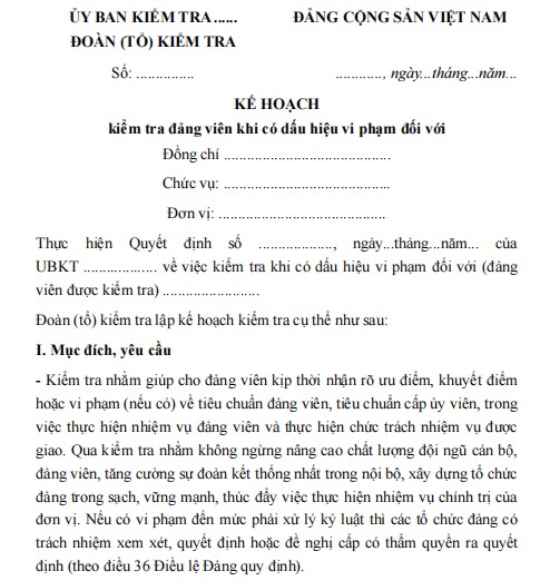 Mẫu kế hoạch kiểm tra Đảng viên khi có dấu hiệu vi phạm