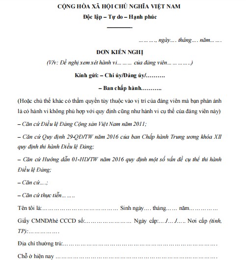 Mẫu đơn kiến nghị đảng viên