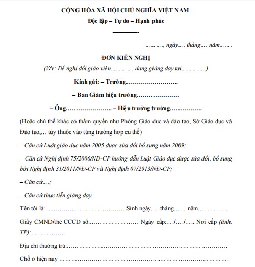Mẫu đơn kiến nghị đổi giáo viên