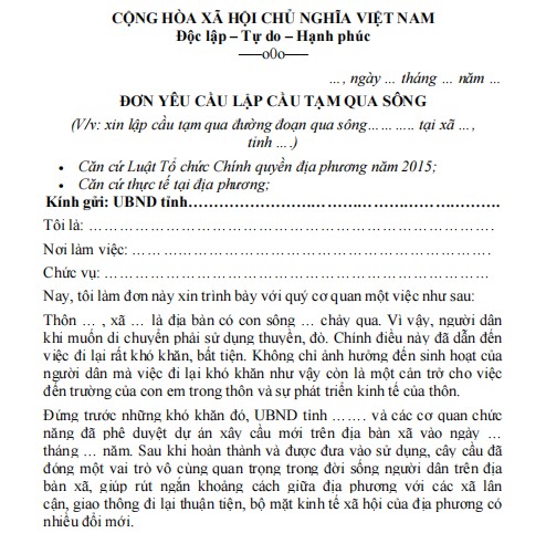 Mẫu đơn yêu cầu lập cầu tạm qua sông