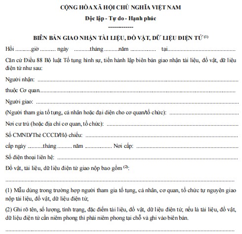 Mẫu biên bản giao nhận tài liệu, đồ vật, dữ liệu