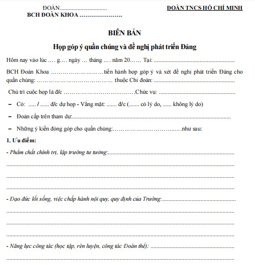 Mẫu biên bản ghi chép về việc phát triển đảng dùng cho đoàn khoa