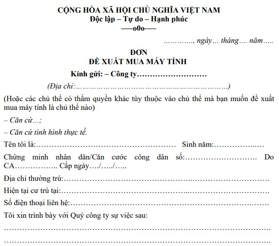 Mẫu đơn đề xuất mua máy tính