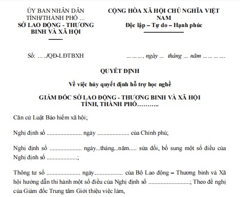 Mẫu quyết định hủy quyết định hỗ trợ học nghề