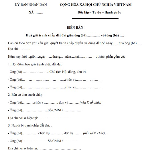 Mẫu biên bản hòa giải tranh chấp đất đai