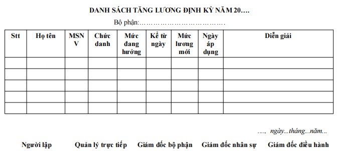 Mẫu danh sách ghi chép tăng lương định kỳ cho nhân viên