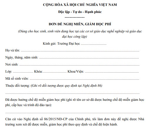 Mẫu đơn xin miễn, giảm học phí dành cho sinh viên