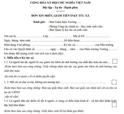 Mẫu đơn đề nghị miễn, giảm tiền ký túc xá