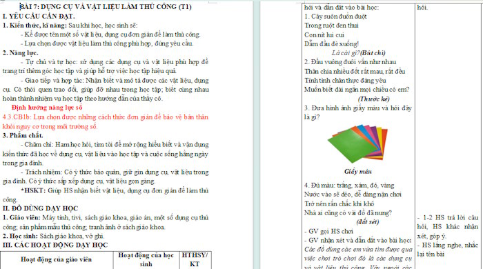 Giáo án Công nghệ 3 Bài 7: Dụng cụ và vật liệu làm thủ công tích hợp NLS