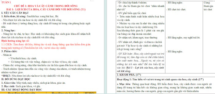 Giáo án Công nghệ 4 Bài 1: Lợi ích của hoa, cây cảnh đối với đời sống tích hợp NLS