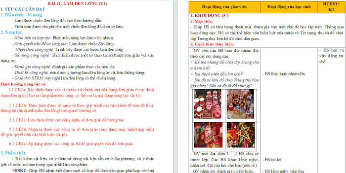 Giáo án Công nghệ 4 Bài 11: Làm đèn lồng tích hợp NLS