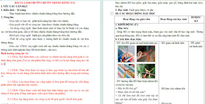Giáo án Công nghệ 4 Bài 12: Làm chuồn chuồn thăng bằng tích hợp NLS