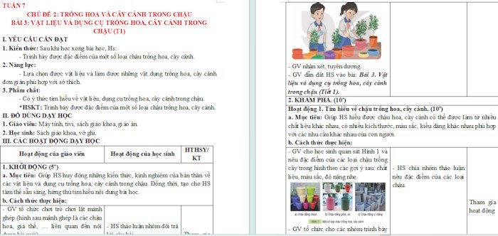 Giáo án Công nghệ 4 Bài 3: Vật liệu và dụng cụ trồng hoa, cây cảnh trong chậu tích hợp NLS
