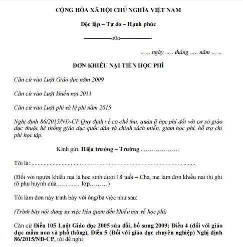 Mẫu đơn khiếu nại tiền học phí