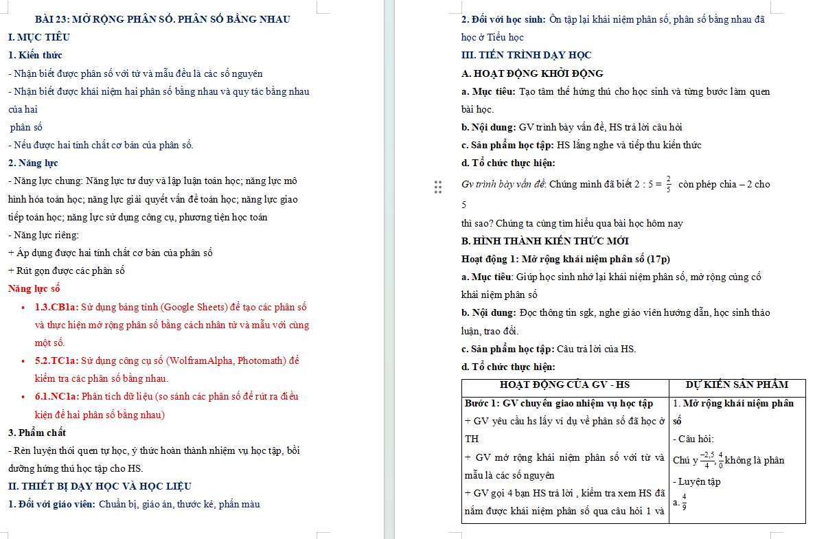 Kế hoạch bài dạy Toán 6 Bài 23 NLS