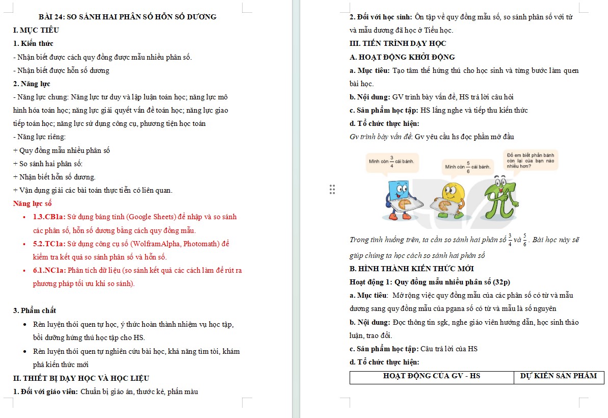Nội dung kế hoạch bài dạy Toán 6 Bài 24 NLS