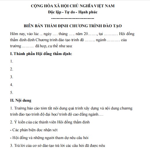 Mẫu biên bản về việc thẩm định chương trình đào tạo