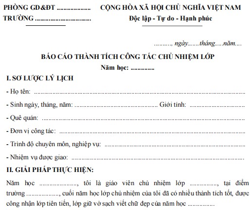 Báo cáo thành tích công tác chủ nhiệm Mẫu báo cáo thành tích công tác chủ nhiệm