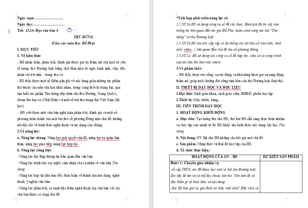 Giáo án tích hợp NLS Ngữ văn 10 Bài 2: Thu hứng