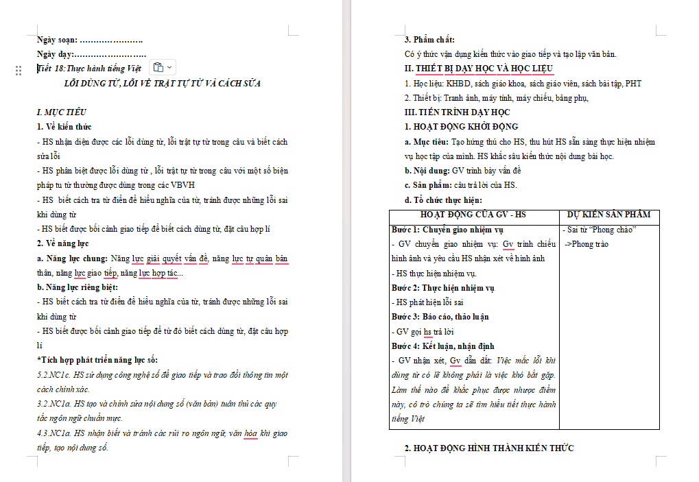 Giáo án tích hợp NLS Ngữ văn 10 Bài 2: Thực hành tiếng Việt