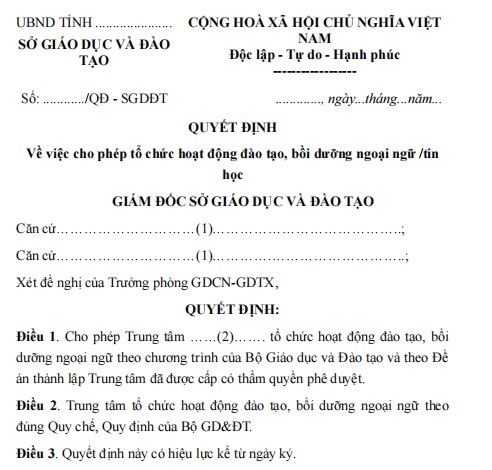 Mẫu quyết định về việc cho phép tổ chức hoạt động đào tạo, bồi dưỡng ngoại ngữ, tin học