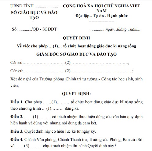 Mẫu quyết định về việc cho phép tổ chức hoạt động giáo dục kĩ năng sống