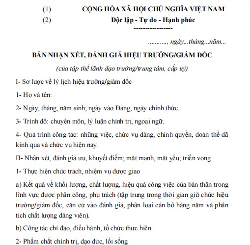 Mẫu bản ghi chép nhận xét, đánh giá hiệu trưởng, giám đốc