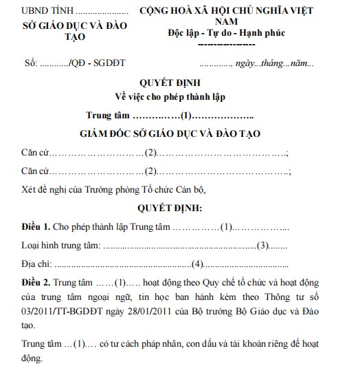 Mẫu quyết định về việc cho phép thành lập trung tâm tin học, ngoại ngữ