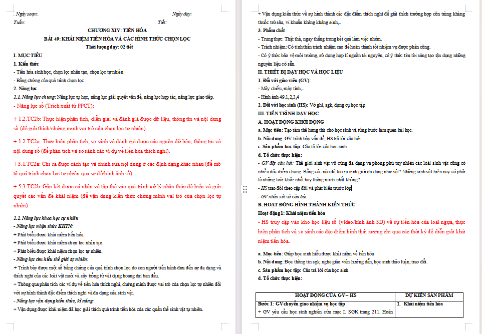 Giáo án NLS Khoa học tự nhiên 9 Bài 49: Khái niệm tiến hoá và các hình thức chọn lọc