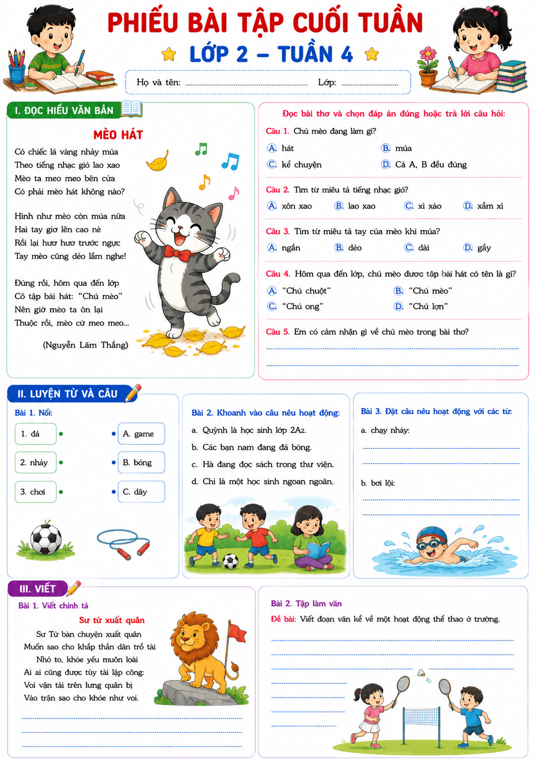 BTCT môn Tiếng Việt 2 sách KNTT Tuần 4 - Bộ số 1