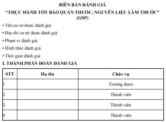 Mẫu biên bản đánh giá thực hành tốt bảo quản thuốc, nguyên liệu làm thuốc