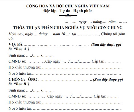 Mẫu thỏa thuận về phân chia nghĩa vụ nuôi con chung