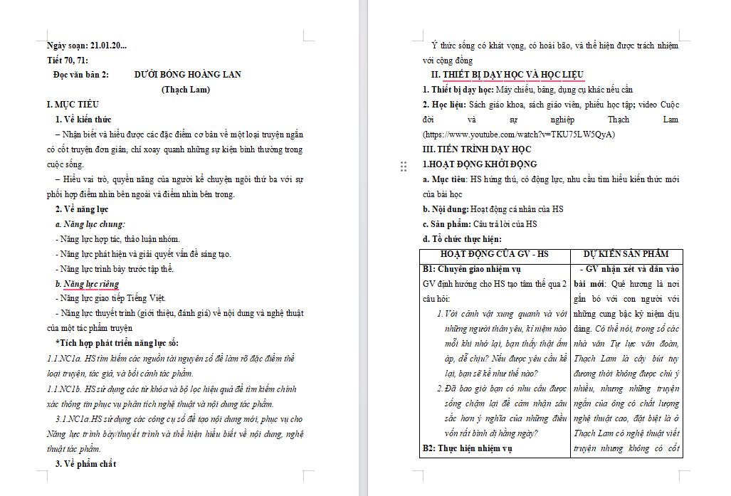 Giáo án tích hợp năng lực số Ngữ văn 10 Bài 7: Dưới bóng hoàng lan