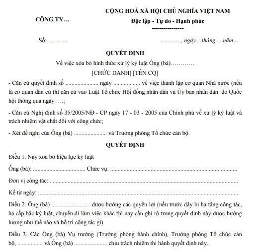 Mẫu quyết định xóa kỷ luật