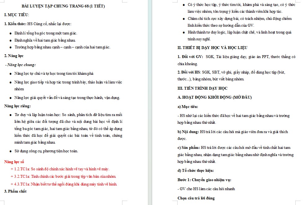 Kế hoạch bài dạy Toán 7 Bài Luyện tập chung trang 68 NLS