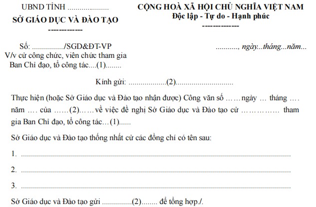 Mẫu công văn về việc cử công chức, viên chức tham gia Ban Chỉ đạo, tổ công tác