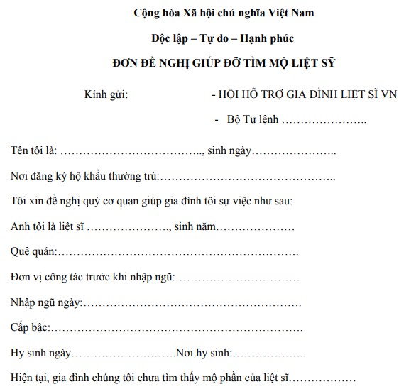Mẫu đơn xin đi tìm mộ liệt sỹ