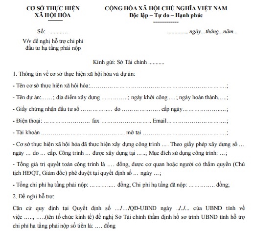 Công văn đề nghị hỗ trợ chi phí đầu tư hạ tầng phải nộp của các cơ sở thực hiện xã hội hóa