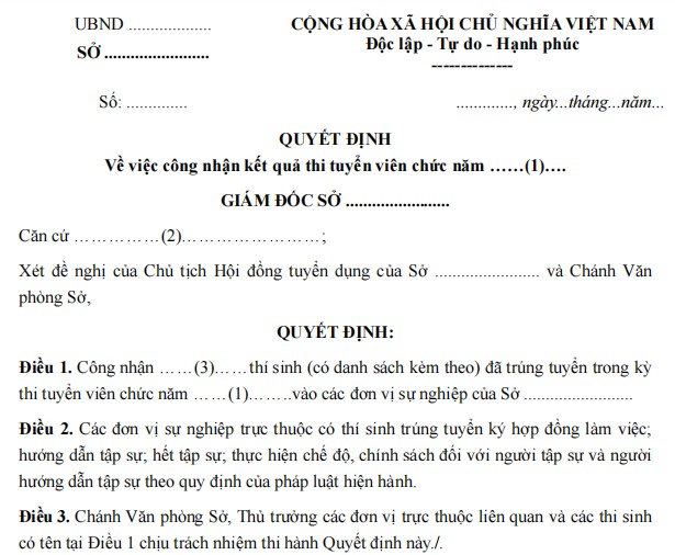 Mẫu quyết định về việc công nhận kết quả thi tuyển viên chức