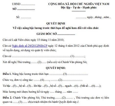 Mẫu quyết định về việc nâng bậc lương trước thời hạn để nghỉ hưu đối với viên chức