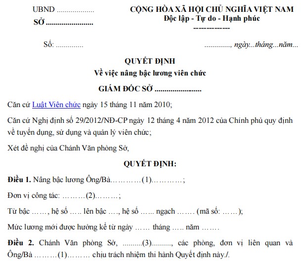 Mẫu quyết định về việc nâng bậc lương thường xuyên viên chức