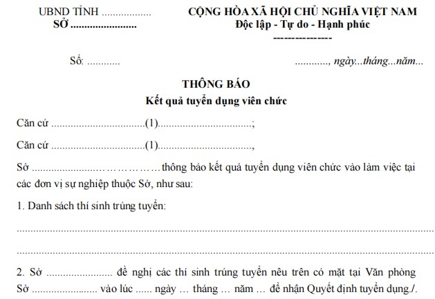 Mẫu thông báo về kết quả tuyển dụng viên chức