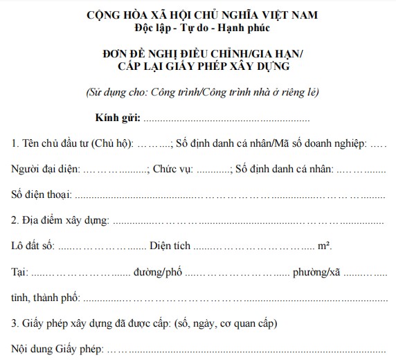 Mẫu đơn đề nghị điều chỉnh giấy phép xây dựng nhà ở riêng lẻ đô thị
