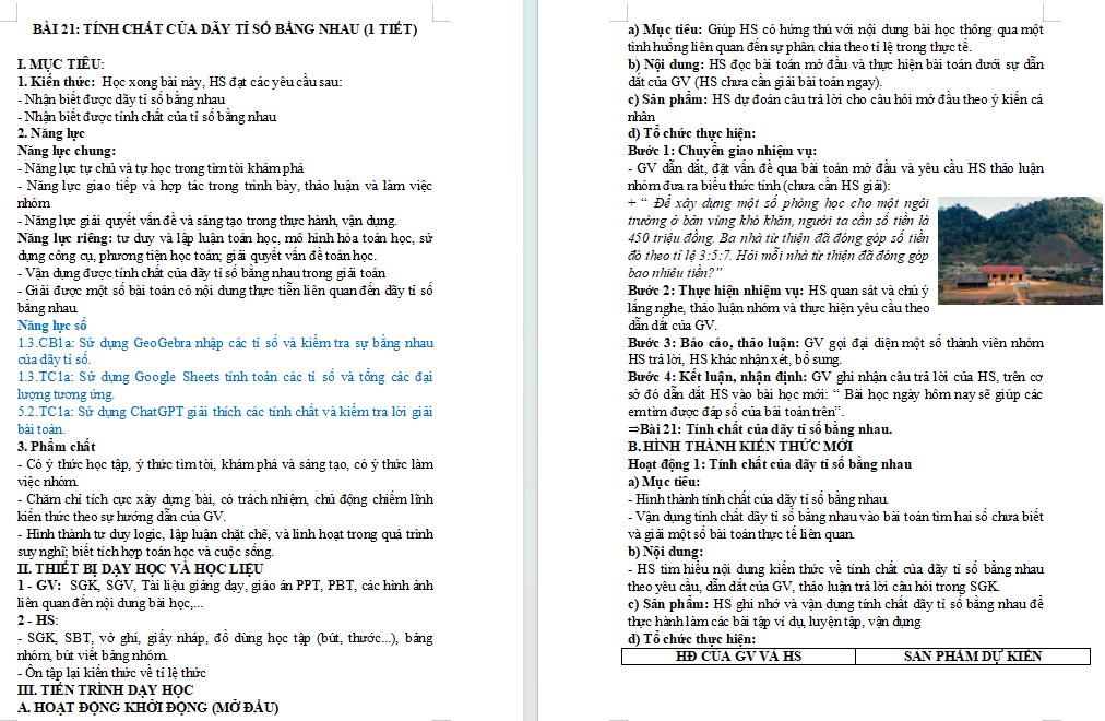 Kế hoạch bài dạy Toán 7 Bài 21 NLS