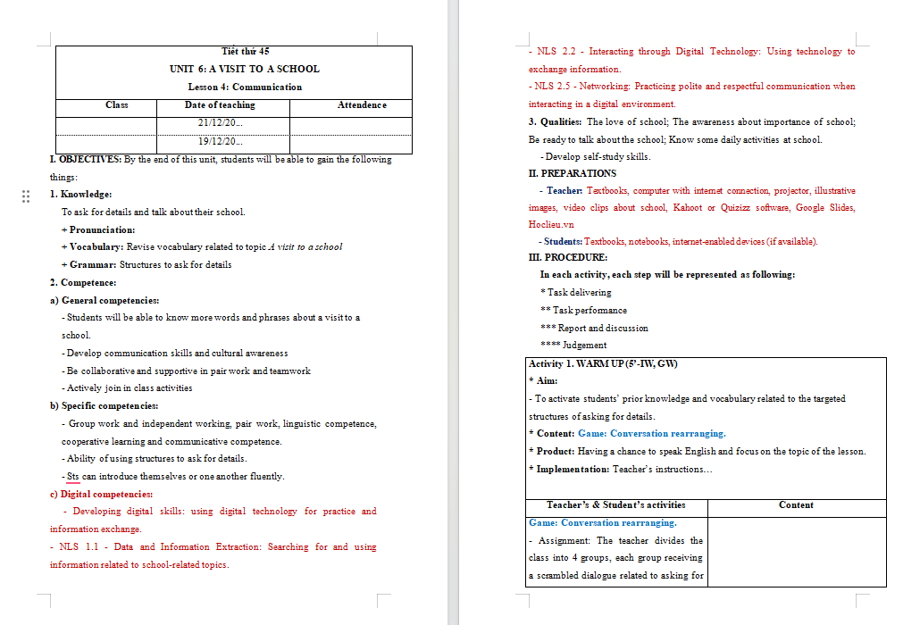 Giáo án tích hợp NLS Tiếng Anh 7 Unit 6 Communication